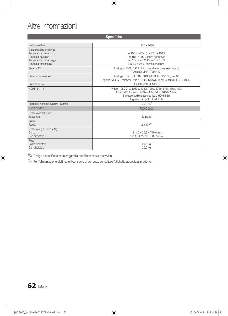 Altre informazioni | Samsung PS50C6900YP User Manual | Page 124 / 190