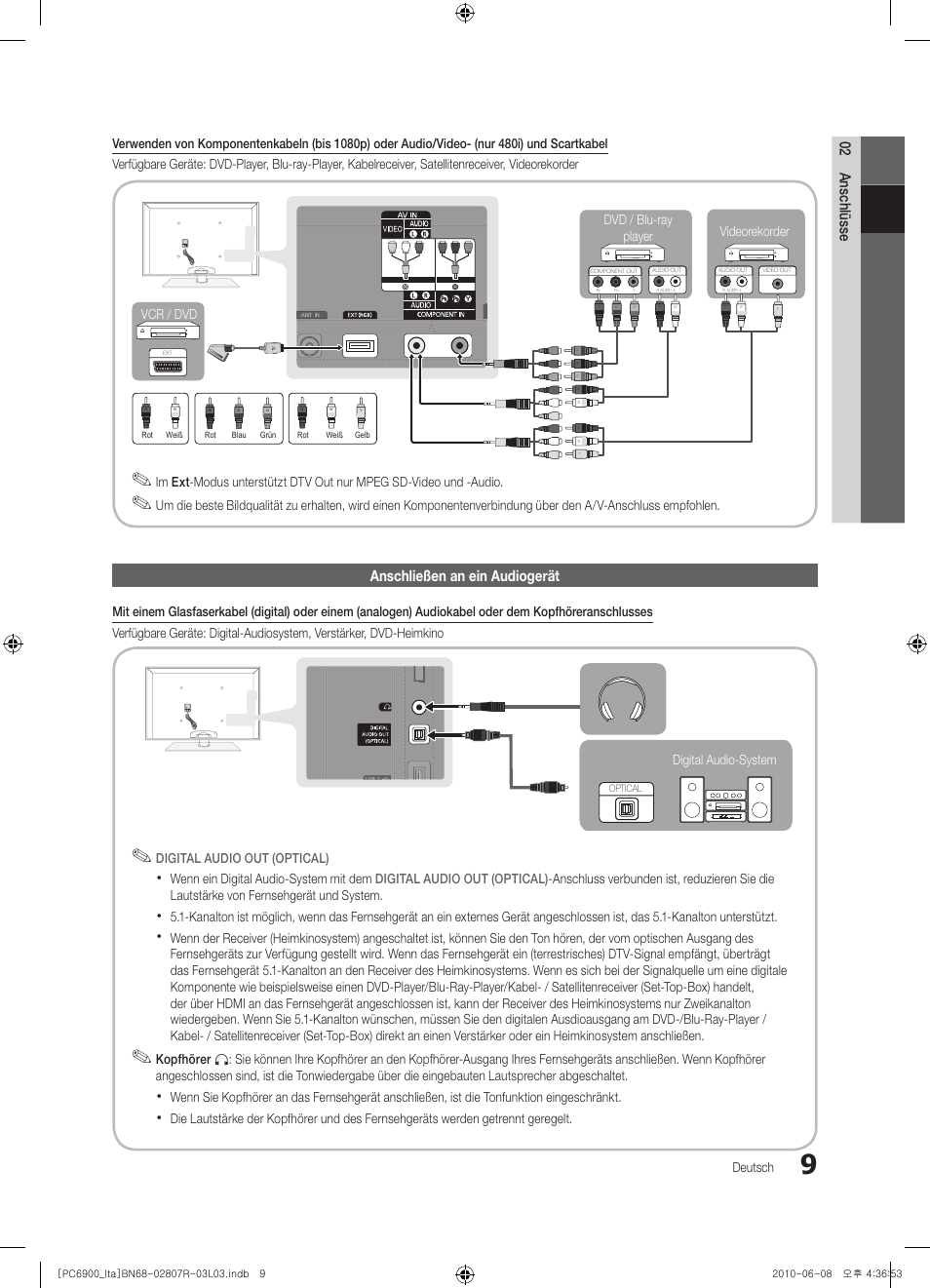 02 anschlüsse, Anschließen an ein audiogerät | Samsung PS50C6900YP User Manual | Page 135 / 190