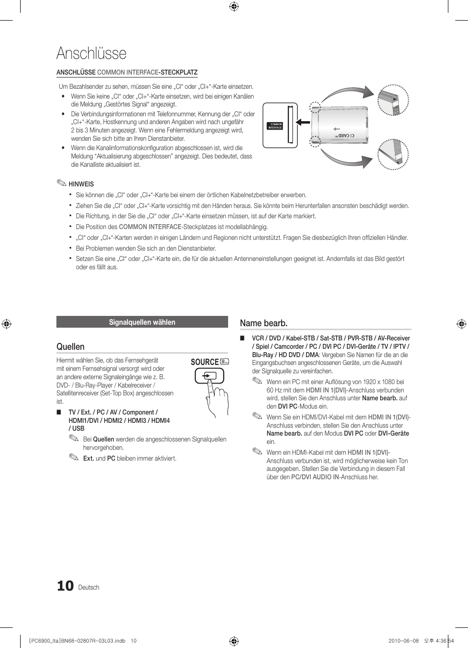 Anschlüsse | Samsung PS50C6900YP User Manual | Page 136 / 190