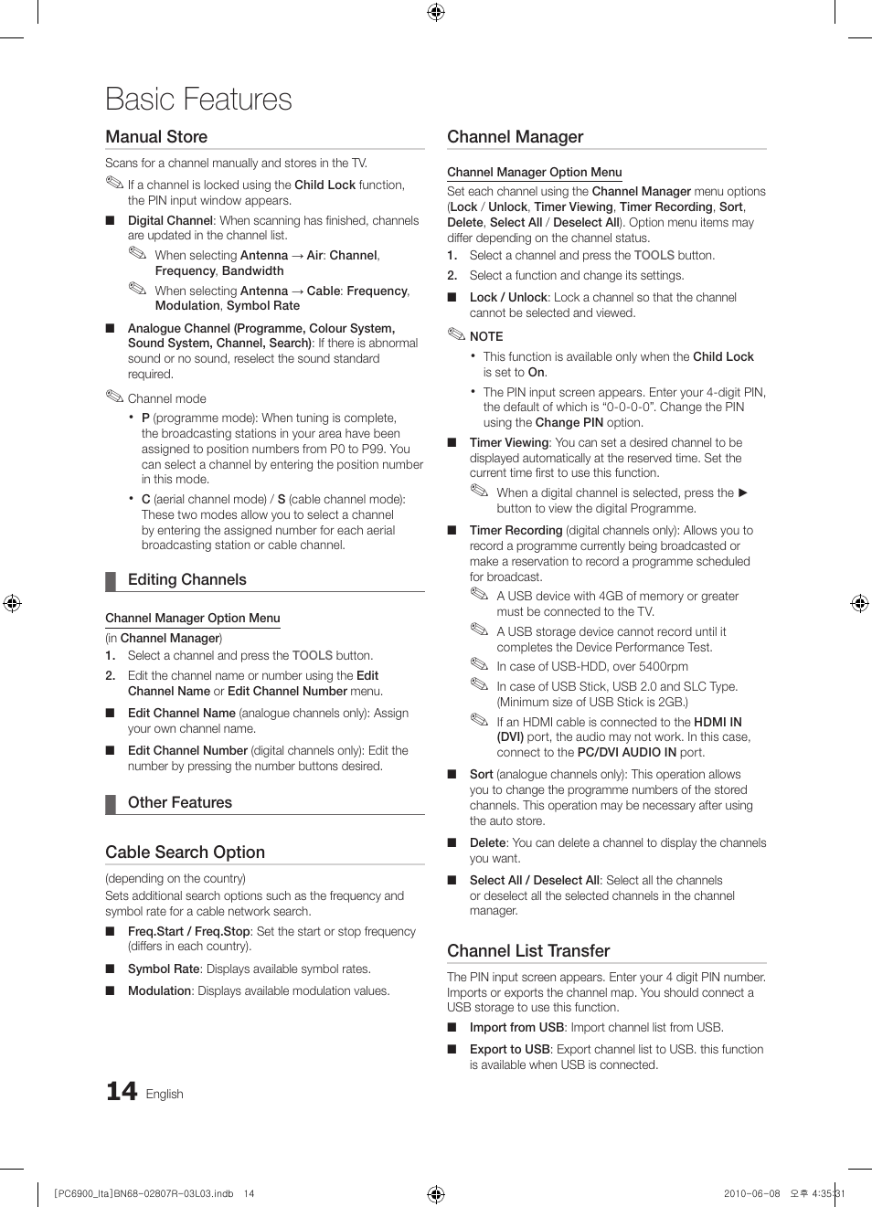 Basic features | Samsung PS50C6900YP User Manual | Page 14 / 190