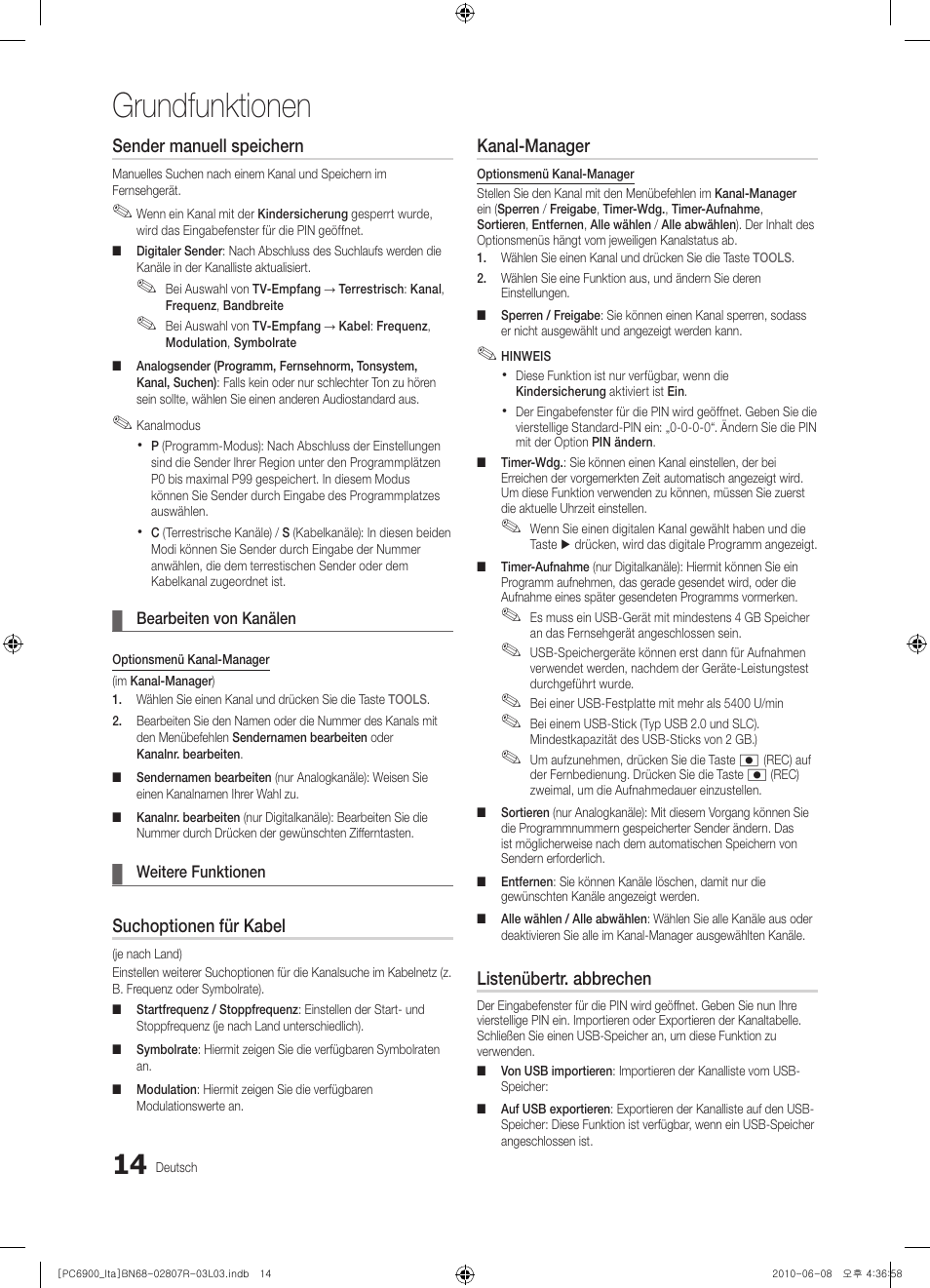 Grundfunktionen, Sender manuell speichern, Suchoptionen für kabel | Kanal-manager, Listenübertr. abbrechen | Samsung PS50C6900YP User Manual | Page 140 / 190