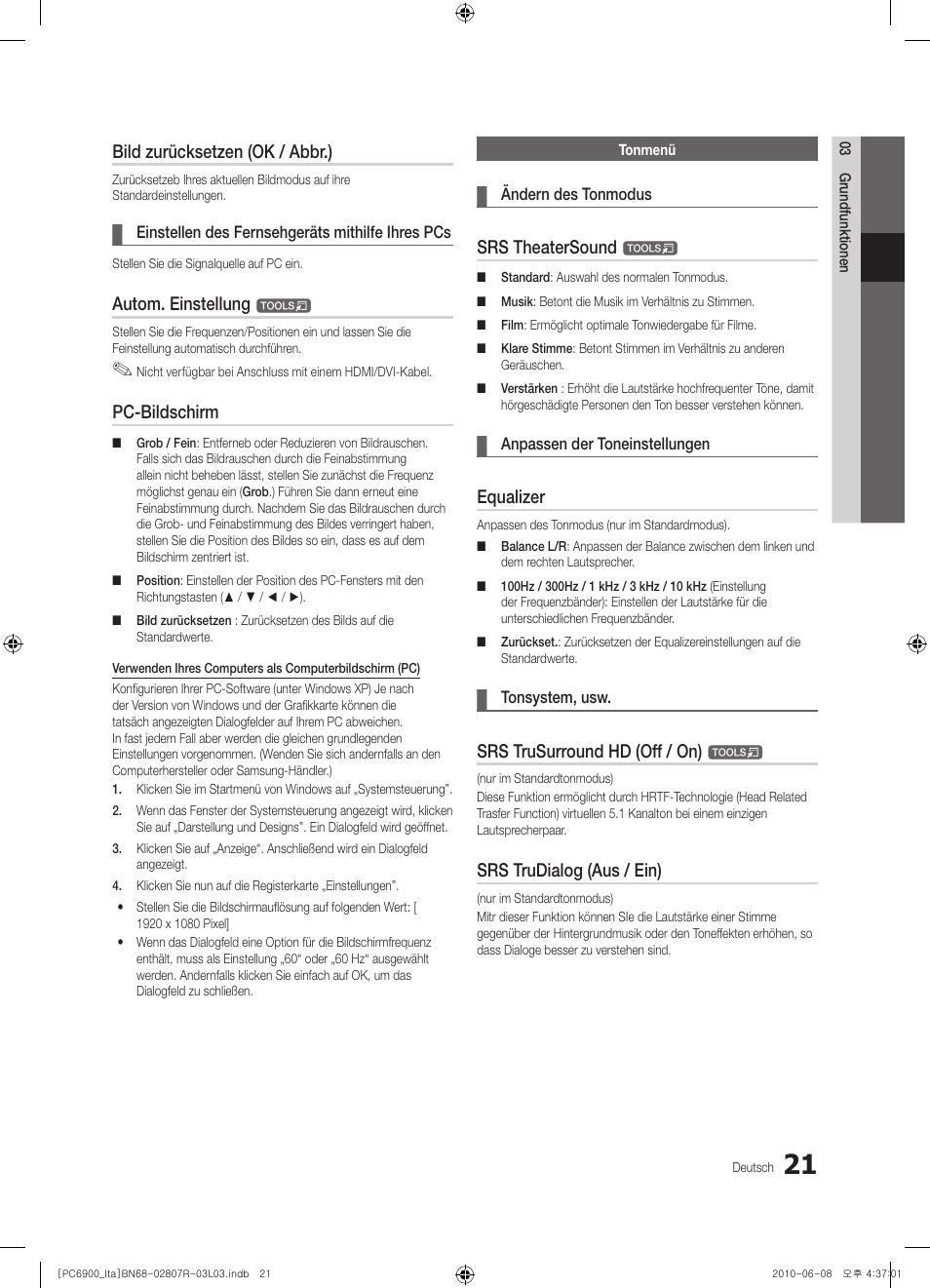 Bild zurücksetzen (ok / abbr.), Autom. einstellung, Pc-bildschirm | Srs theatersound, Equalizer, Srs trusurround hd (off / on), Srs trudialog (aus / ein) | Samsung PS50C6900YP User Manual | Page 147 / 190