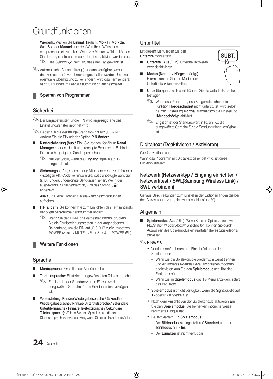 Grundfunktionen, Subt | Samsung PS50C6900YP User Manual | Page 150 / 190