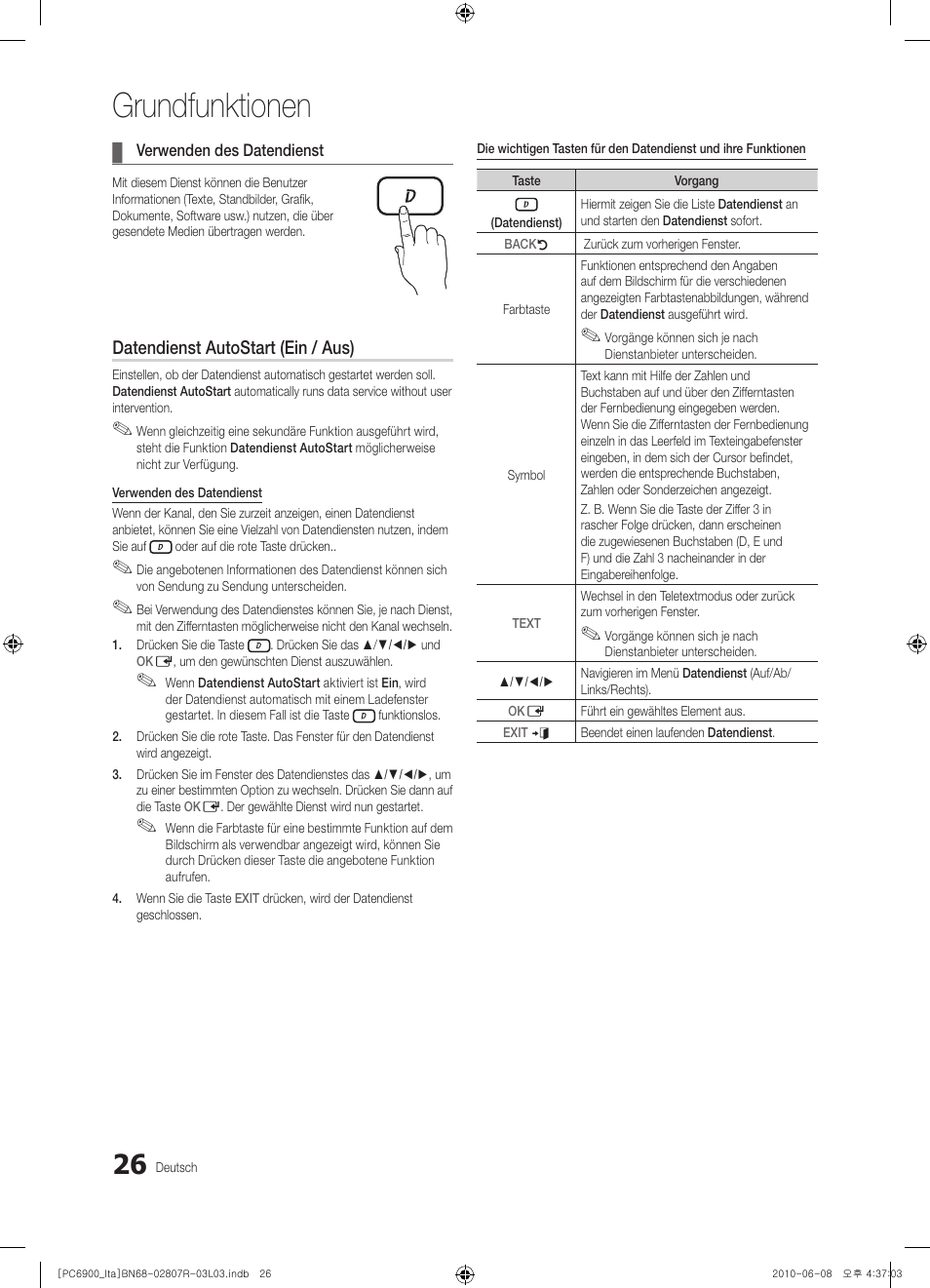 Grundfunktionen, Datendienst autostart (ein / aus) | Samsung PS50C6900YP User Manual | Page 152 / 190