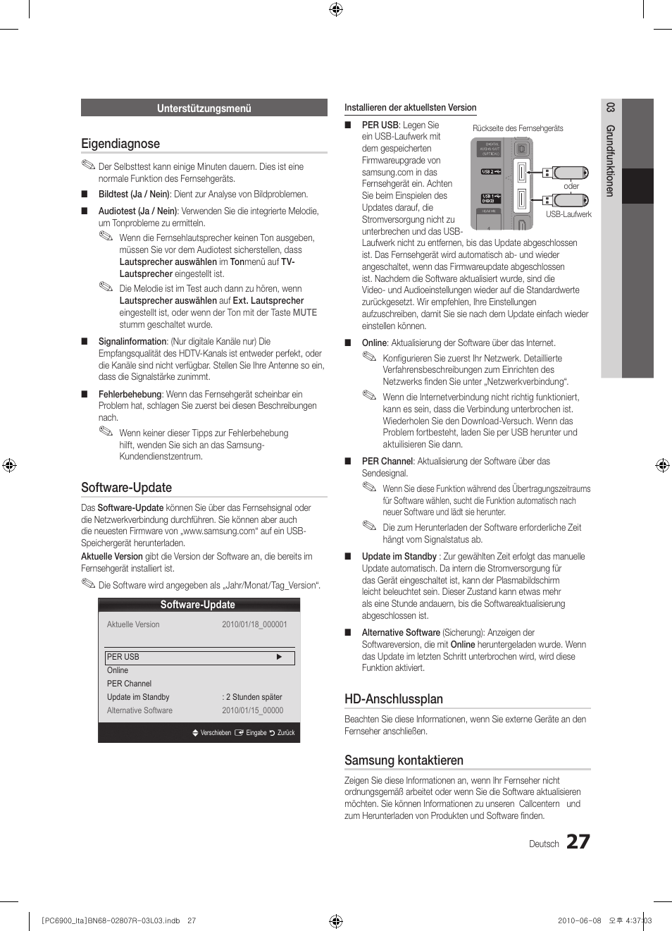 Eigendiagnose, Software-update, Hd-anschlussplan | Samsung kontaktieren | Samsung PS50C6900YP User Manual | Page 153 / 190