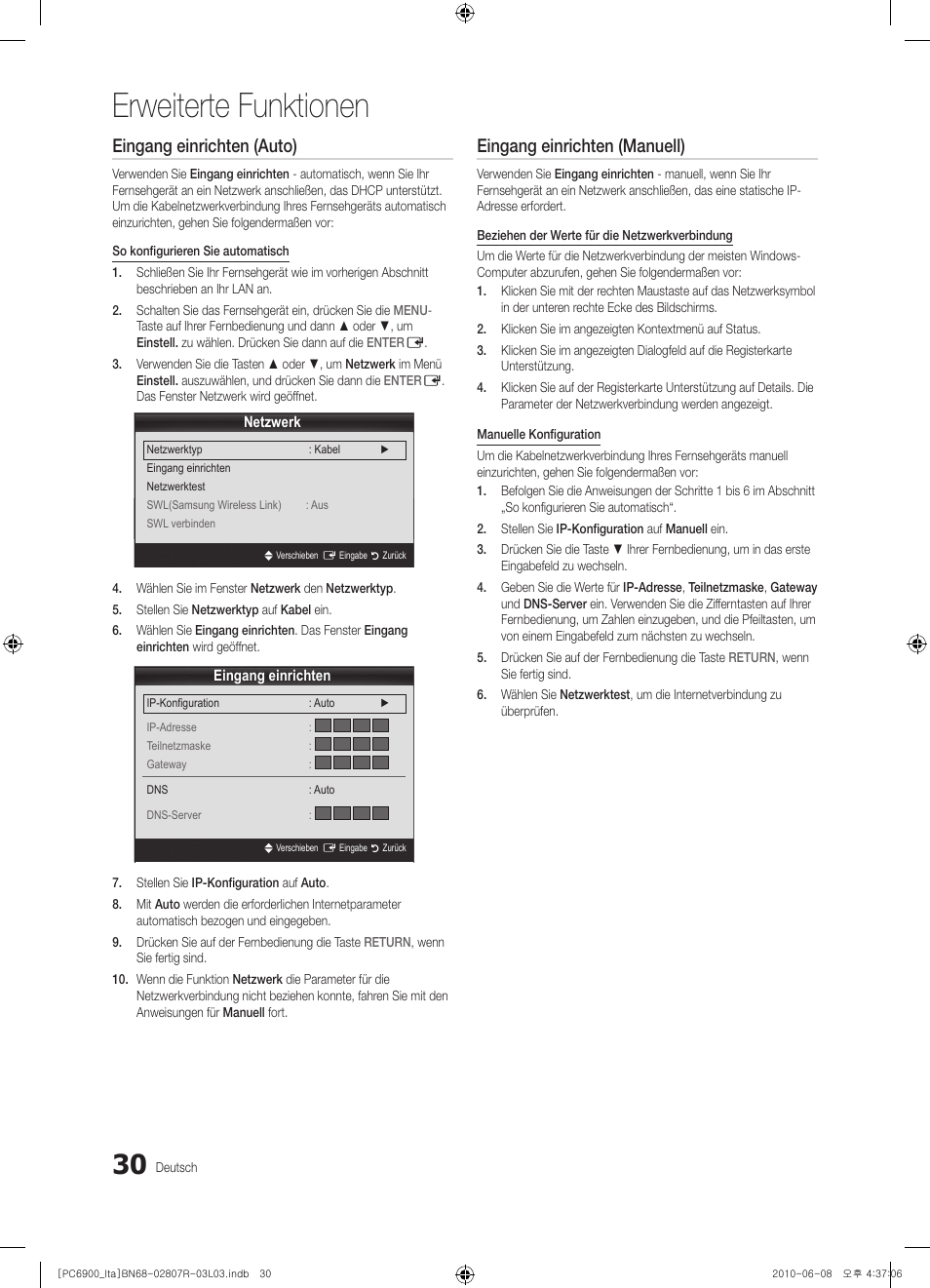 Erweiterte funktionen, Eingang einrichten (auto), Eingang einrichten (manuell) | Samsung PS50C6900YP User Manual | Page 156 / 190