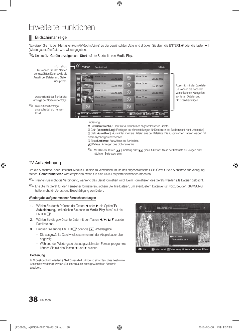 Erweiterte funktionen, Tv-aufzeichnung, Bildschirmanzeige | Samsung PS50C6900YP User Manual | Page 164 / 190