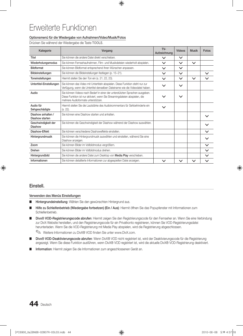 Erweiterte funktionen, Einstell | Samsung PS50C6900YP User Manual | Page 170 / 190