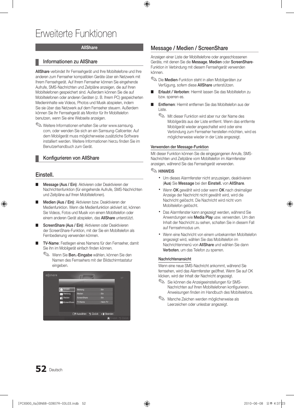 Erweiterte funktionen, Einstell, Message / medien / screenshare | Samsung PS50C6900YP User Manual | Page 178 / 190