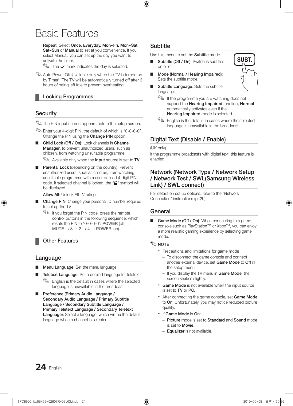 Basic features, Subt | Samsung PS50C6900YP User Manual | Page 24 / 190