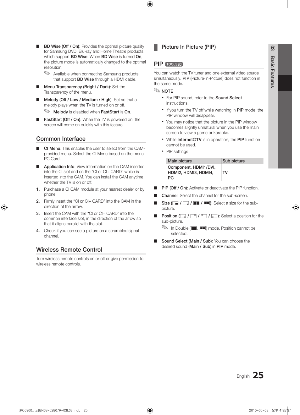 Common interface, Wireless remote control | Samsung PS50C6900YP User Manual | Page 25 / 190