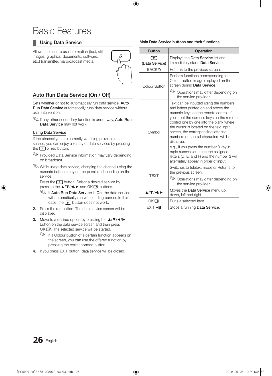 Basic features, Auto run data service (on / off) | Samsung PS50C6900YP User Manual | Page 26 / 190