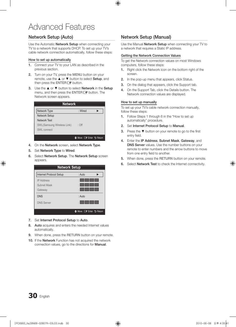 Advanced features, Network setup (auto), Network setup (manual) | Samsung PS50C6900YP User Manual | Page 30 / 190