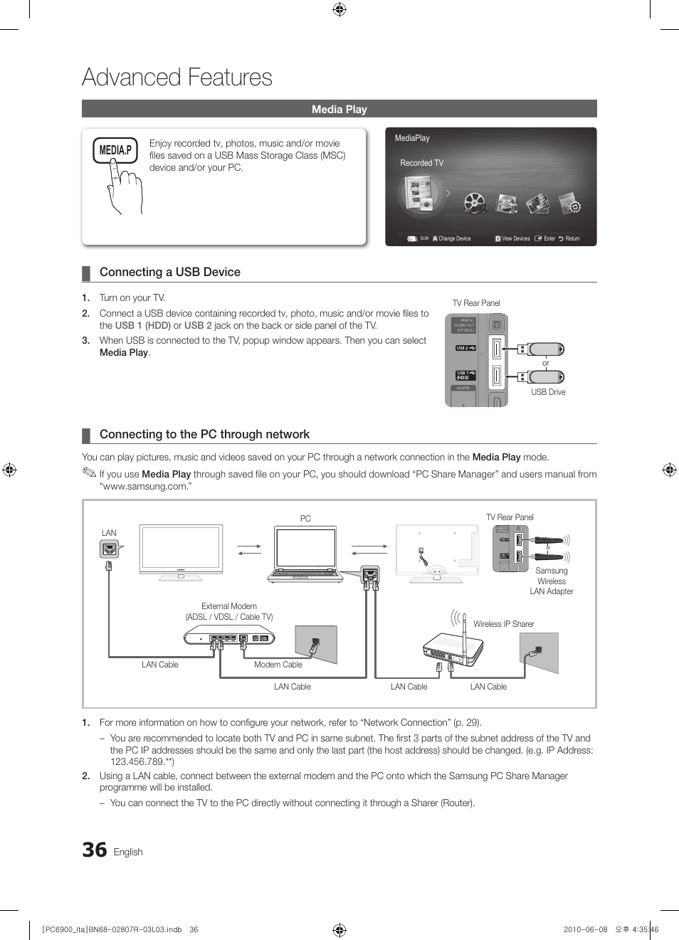 Advanced features, Media.p, Connecting a usb device | Connecting to the pc through network | Samsung PS50C6900YP User Manual | Page 36 / 190