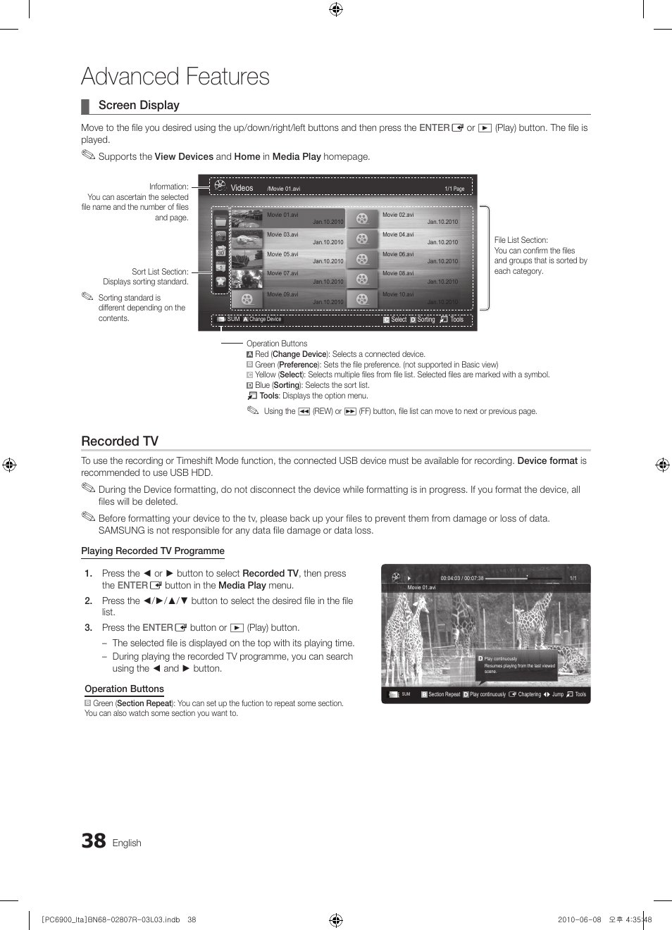 Advanced features, Recorded tv, Screen display | Samsung PS50C6900YP User Manual | Page 38 / 190