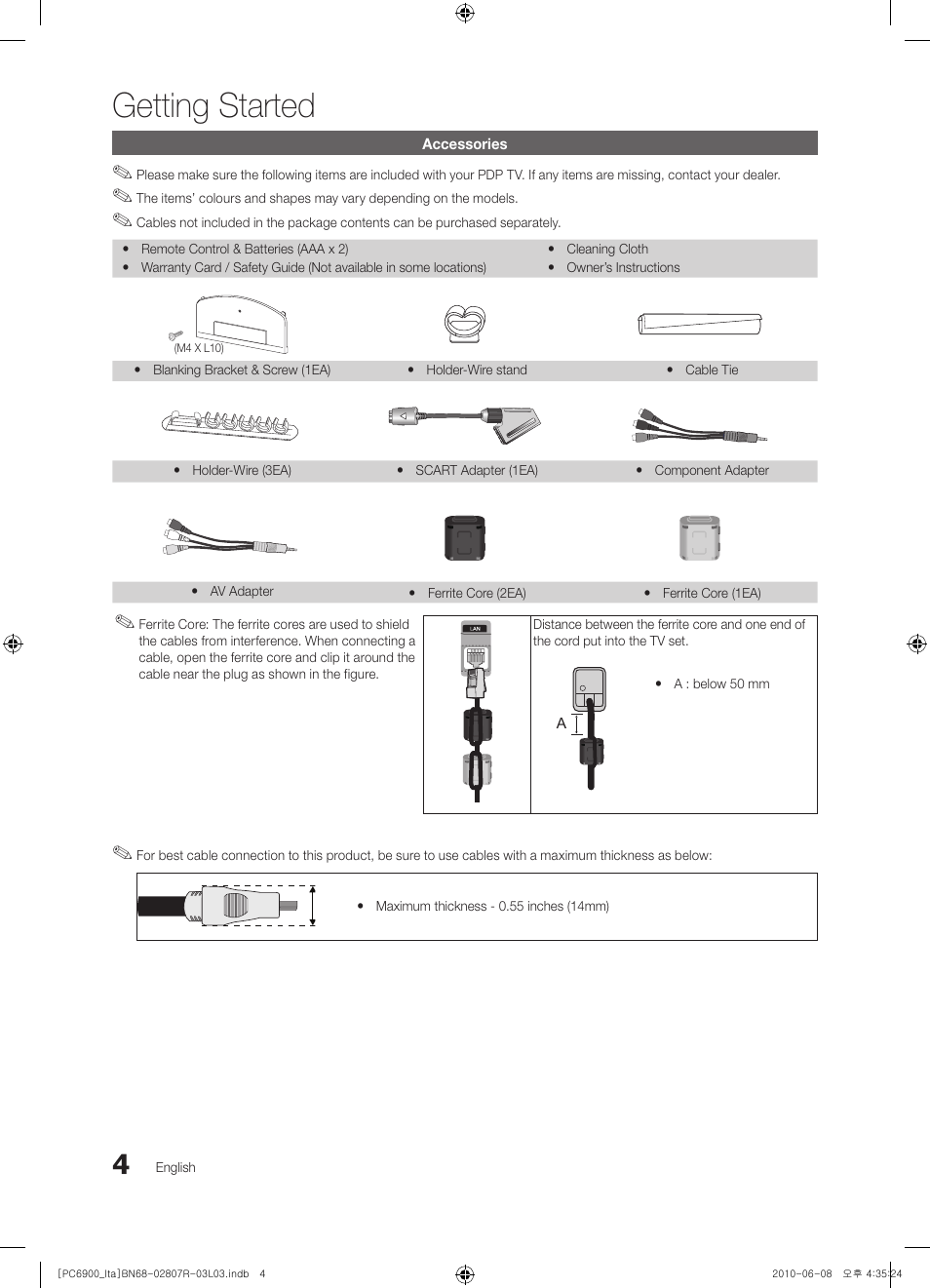 Getting started | Samsung PS50C6900YP User Manual | Page 4 / 190