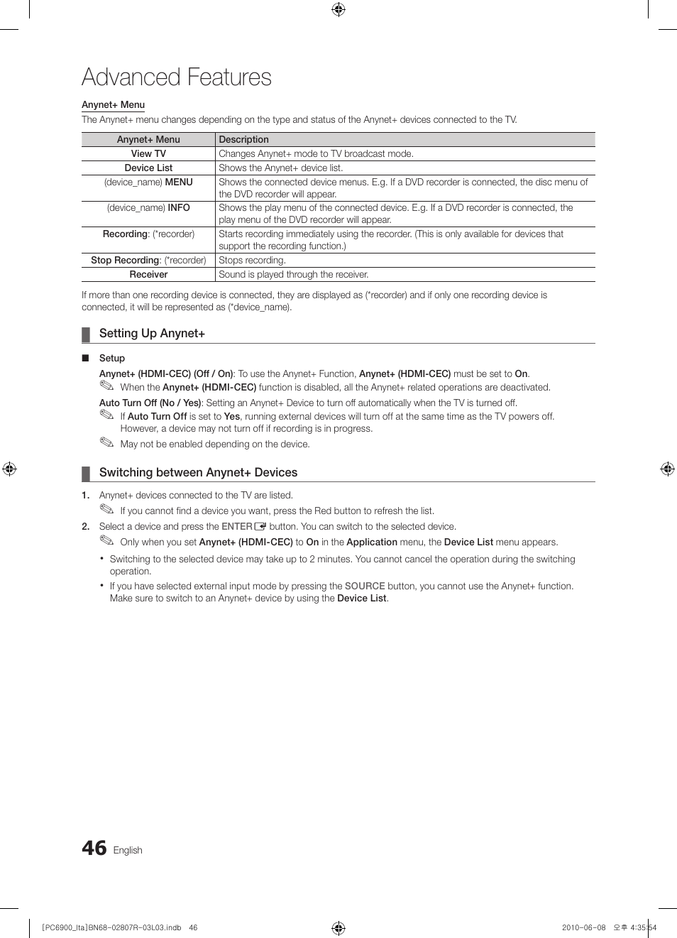 Advanced features | Samsung PS50C6900YP User Manual | Page 46 / 190