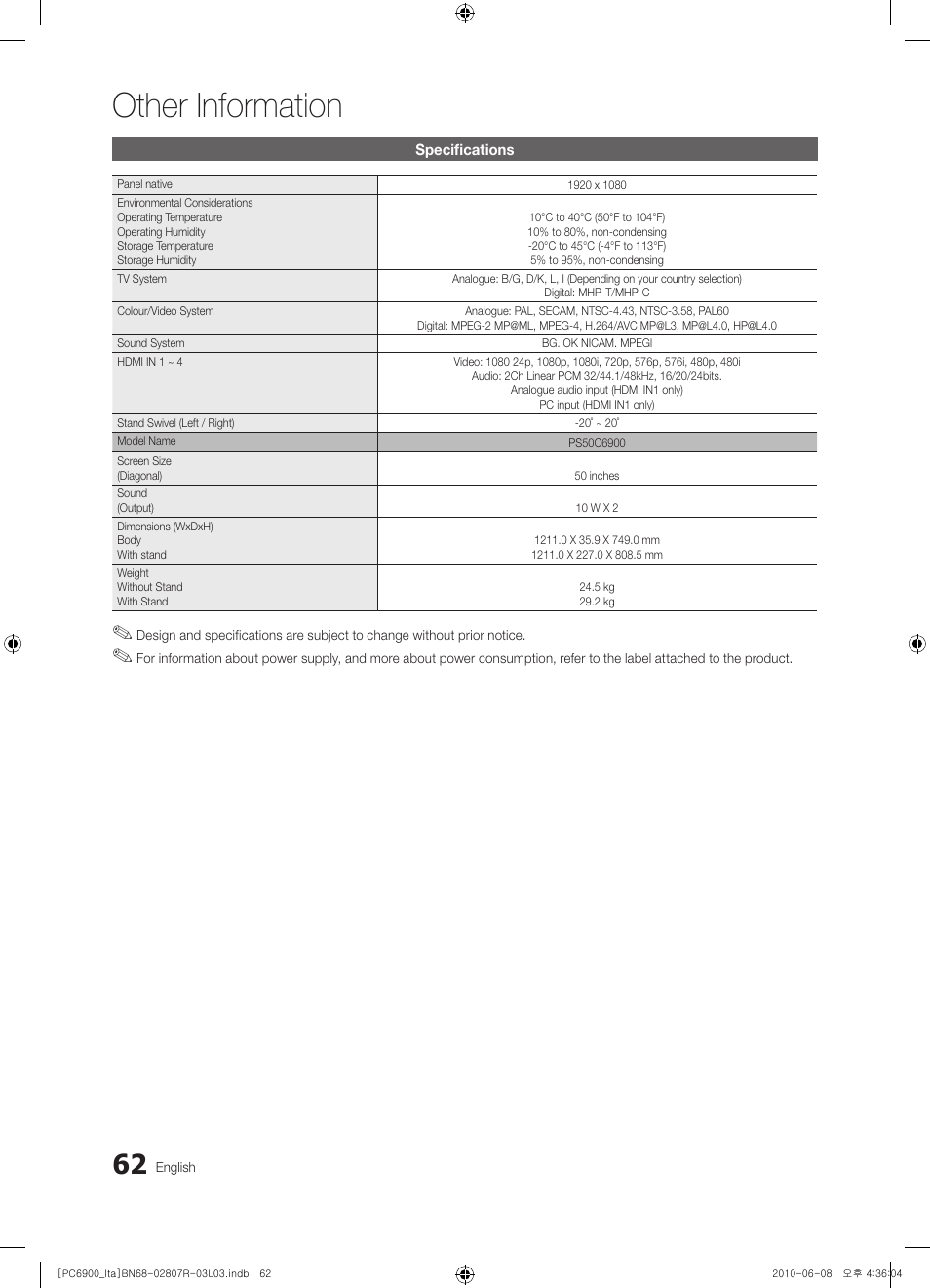 Other information | Samsung PS50C6900YP User Manual | Page 62 / 190