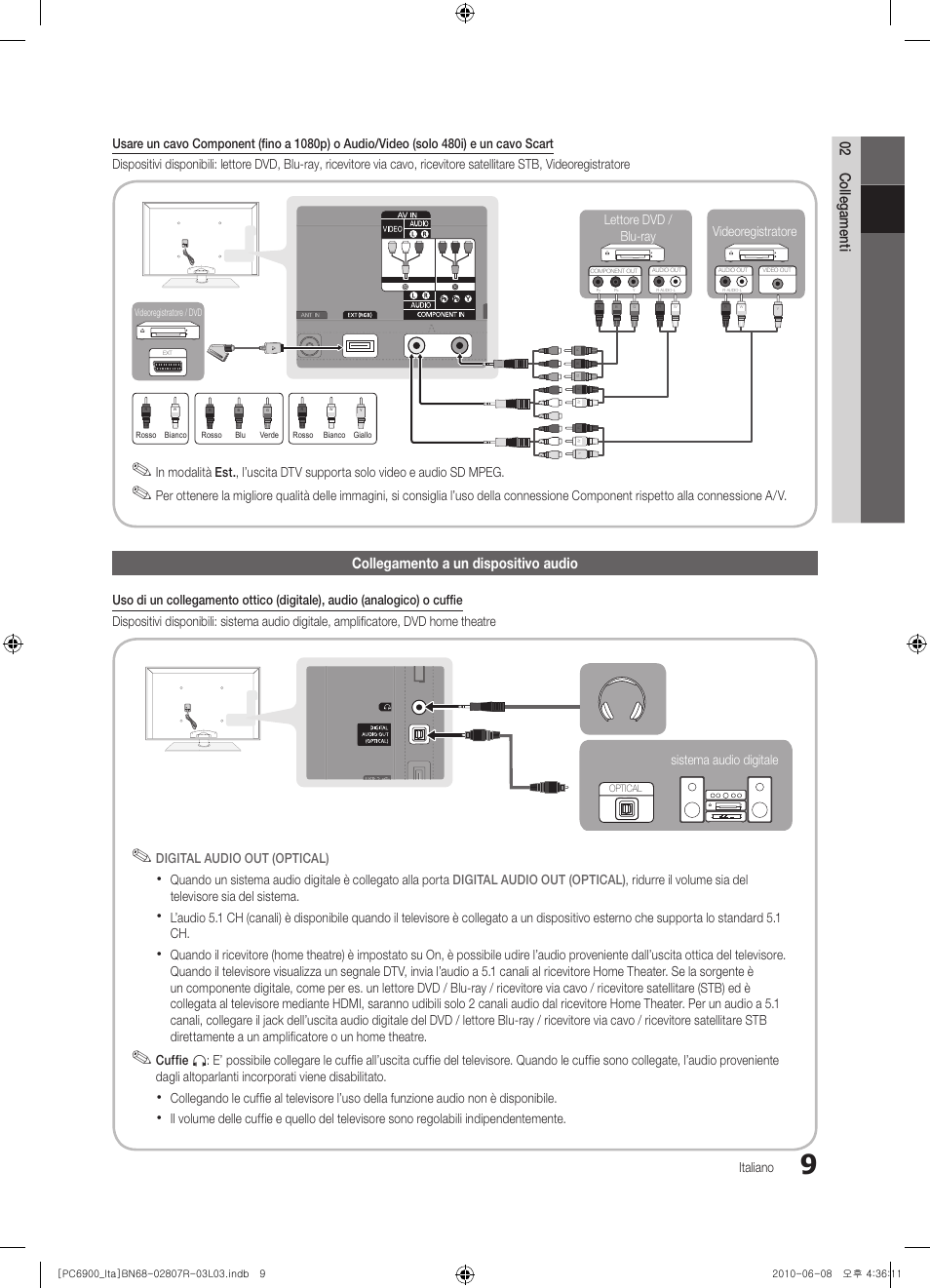 02 collegamenti, Collegamento a un dispositivo audio | Samsung PS50C6900YP User Manual | Page 71 / 190