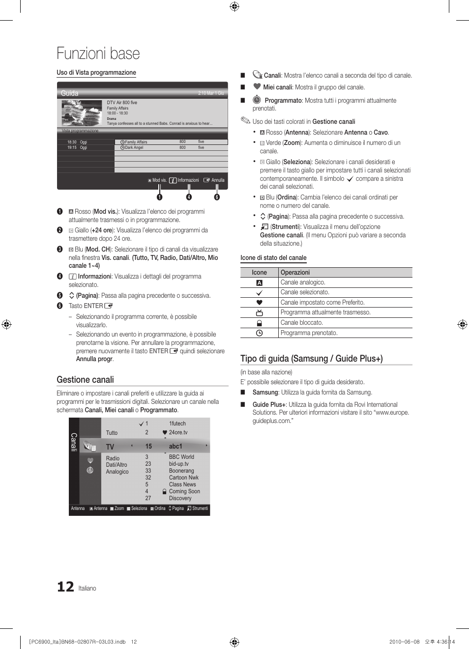 Funzioni base, Gestione canali, Tipo di guida (samsung / guide plus+) | Samsung PS50C6900YP User Manual | Page 74 / 190