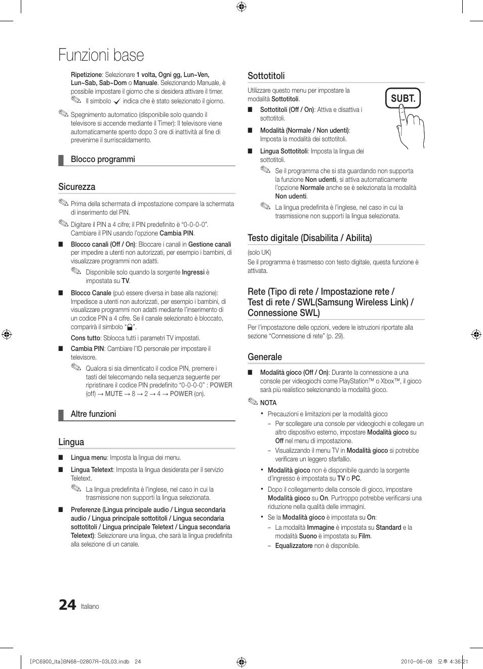 Funzioni base, Subt | Samsung PS50C6900YP User Manual | Page 86 / 190