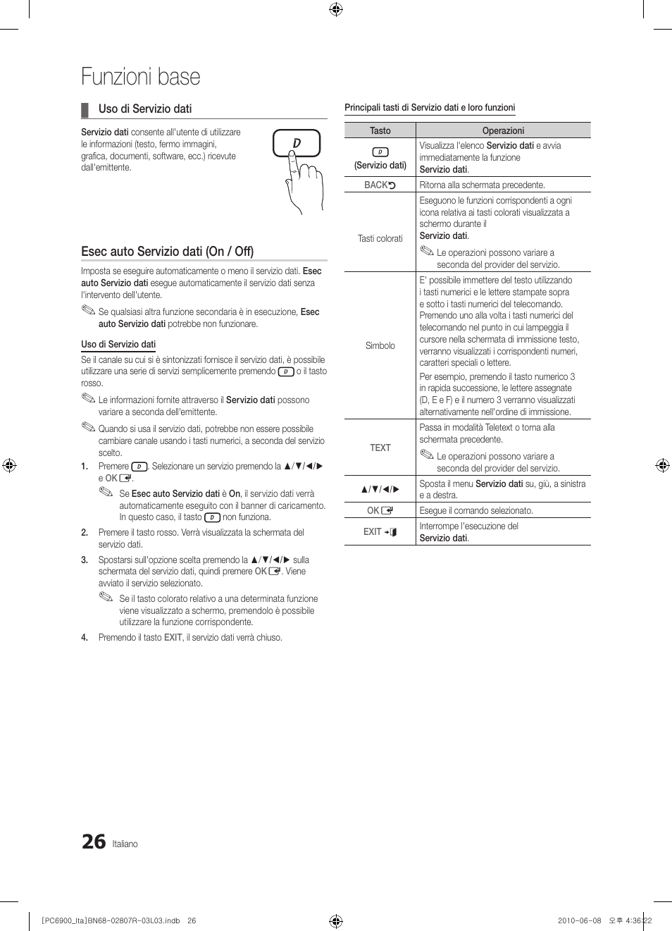 Funzioni base, Esec auto servizio dati (on / off) | Samsung PS50C6900YP User Manual | Page 88 / 190