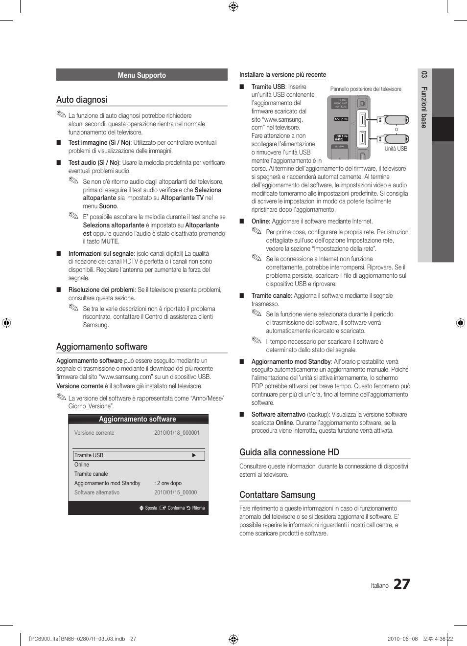 Auto diagnosi, Aggiornamento software, Guida alla connessione hd | Contattare samsung | Samsung PS50C6900YP User Manual | Page 89 / 190