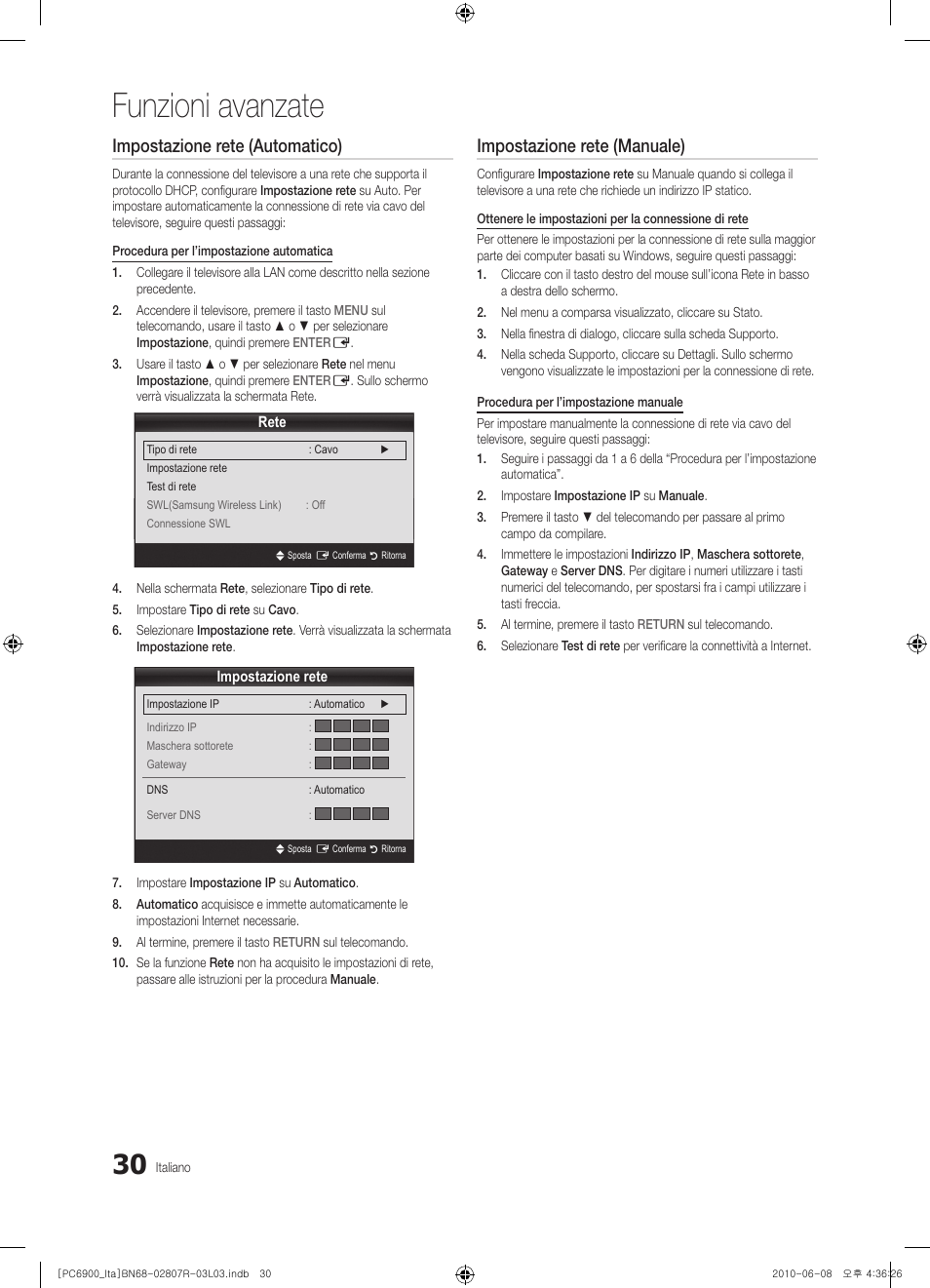 Funzioni avanzate, Impostazione rete (automatico), Impostazione rete (manuale) | Samsung PS50C6900YP User Manual | Page 92 / 190