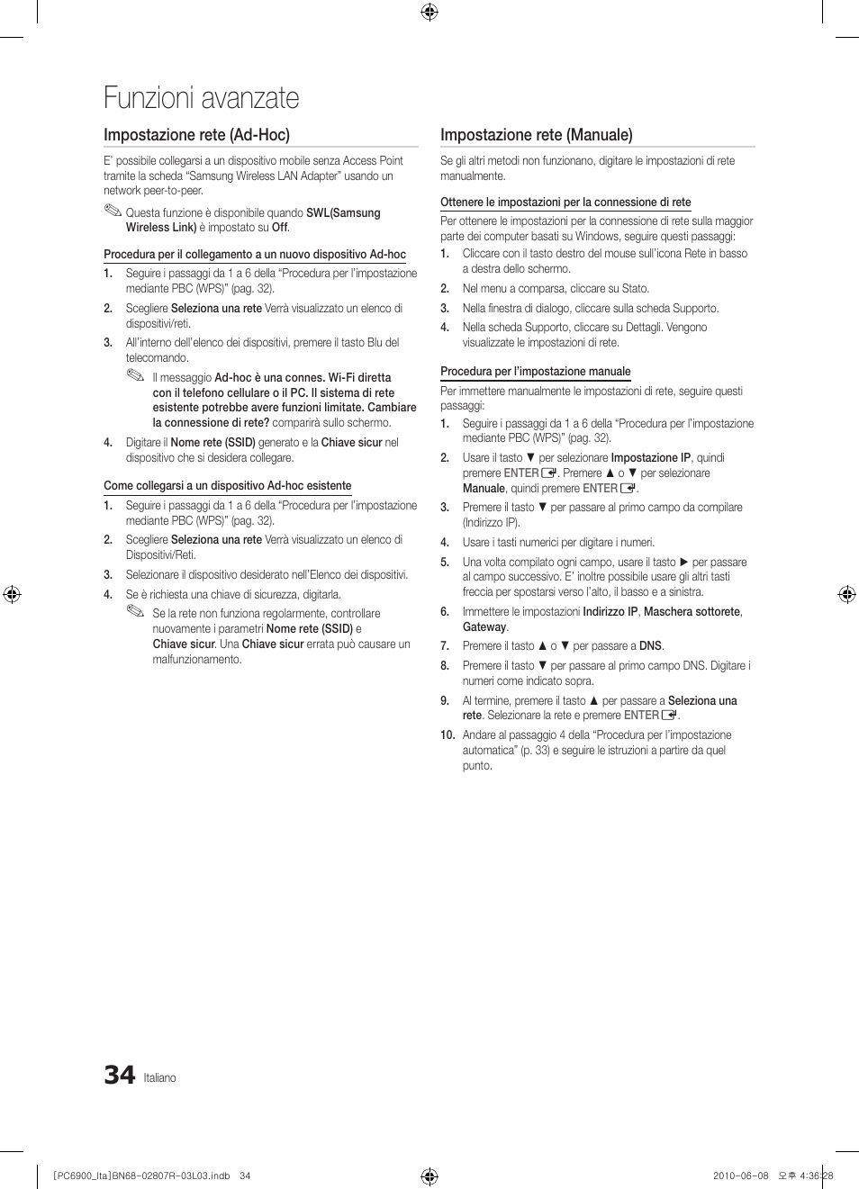 Funzioni avanzate, Impostazione rete (ad-hoc), Impostazione rete (manuale) | Samsung PS50C6900YP User Manual | Page 96 / 190