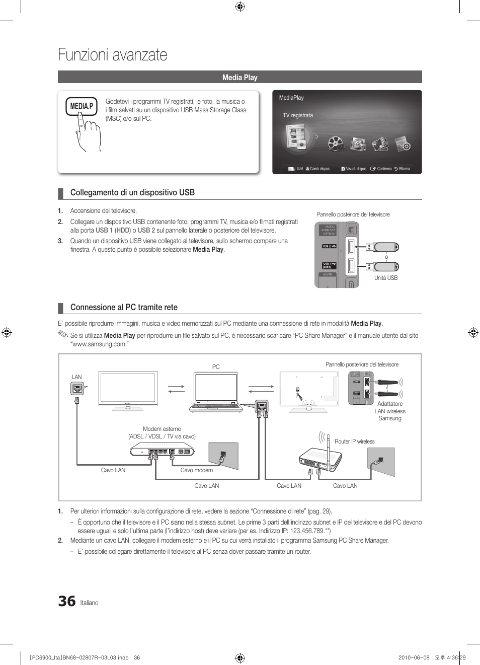Funzioni avanzate, Media.p, Collegamento di un dispositivo usb | Connessione al pc tramite rete | Samsung PS50C6900YP User Manual | Page 98 / 190