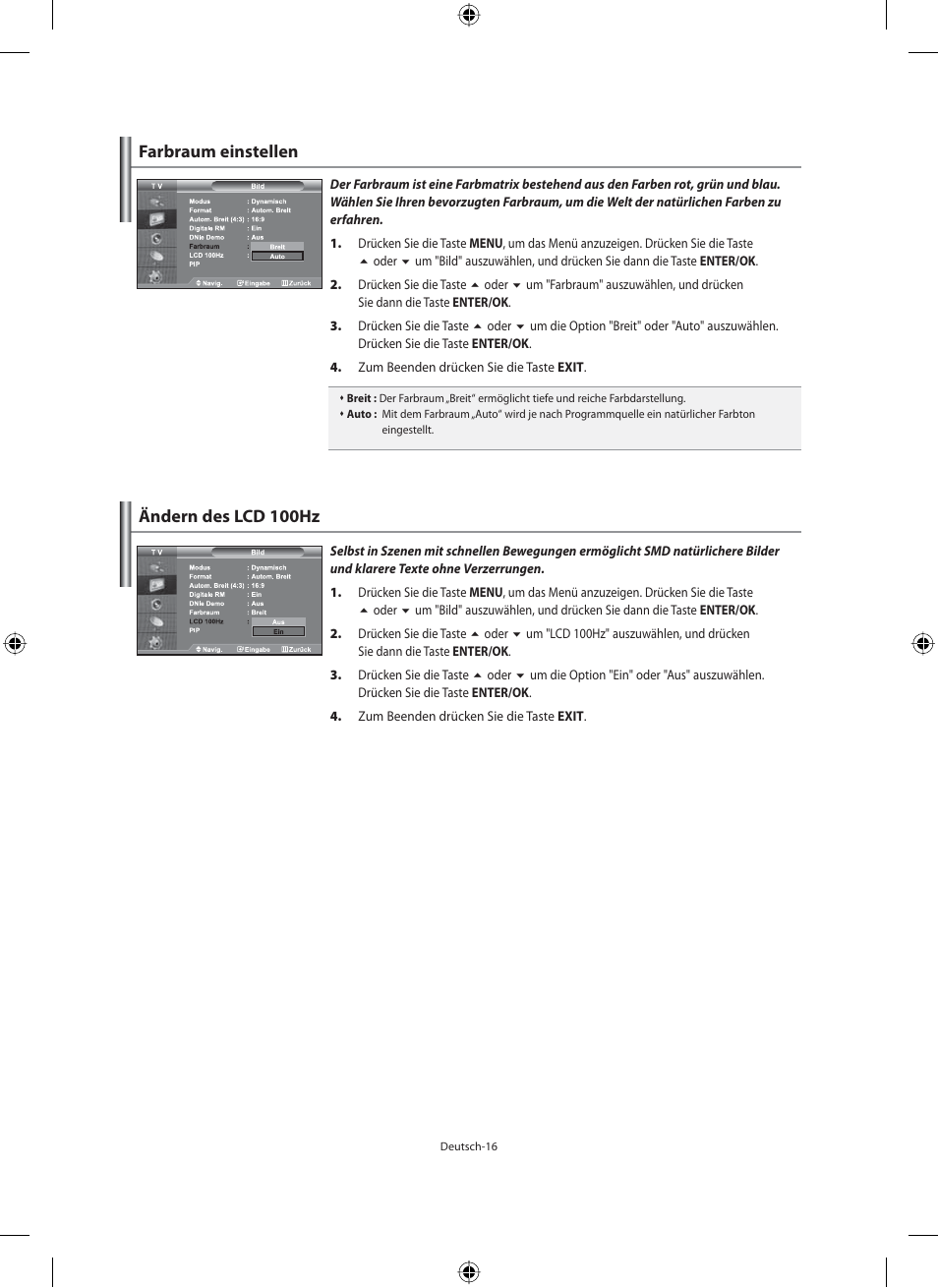 Farbraum einstellen, Ändern des lcd 100hz | Samsung LE40M91B User Manual | Page 108 / 320
