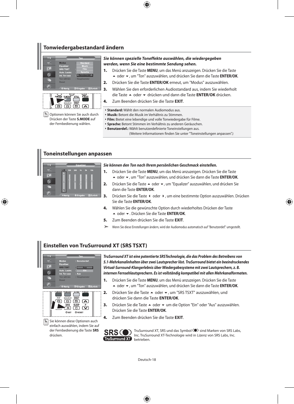 Tonwiedergabestandard ändern, Toneinstellungen anpassen, Einstellen von trusurround xt (srs tsxt) | Samsung LE40M91B User Manual | Page 110 / 320