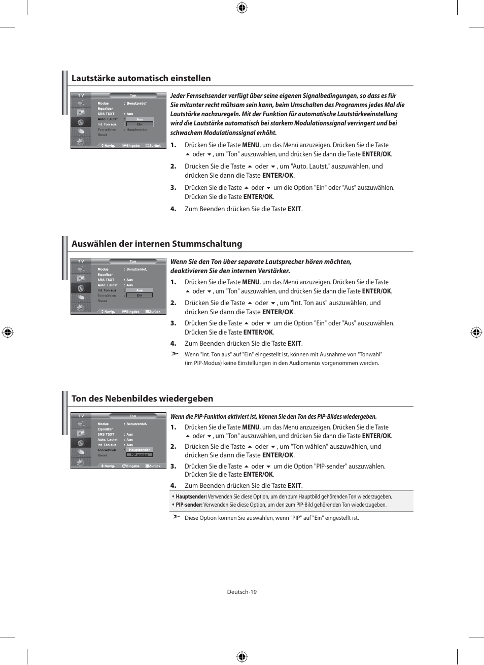 Lautstärke automatisch einstellen, Auswählen der internen stummschaltung, Ton des nebenbildes wiedergeben | Samsung LE40M91B User Manual | Page 111 / 320