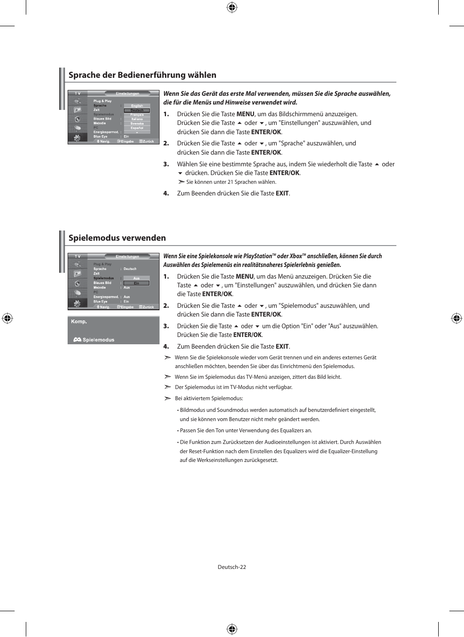 Sprache der bedienerführung wählen, Spielemodus verwenden | Samsung LE40M91B User Manual | Page 114 / 320