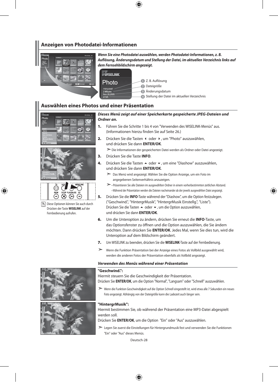 Auswählen eines photos und einer präsentation, Anzeigen von photodatei-informationen | Samsung LE40M91B User Manual | Page 120 / 320