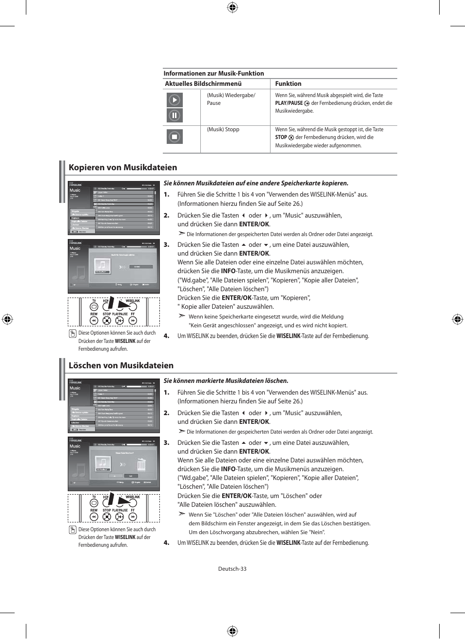 Kopieren von musikdateien, Löschen von musikdateien | Samsung LE40M91B User Manual | Page 125 / 320