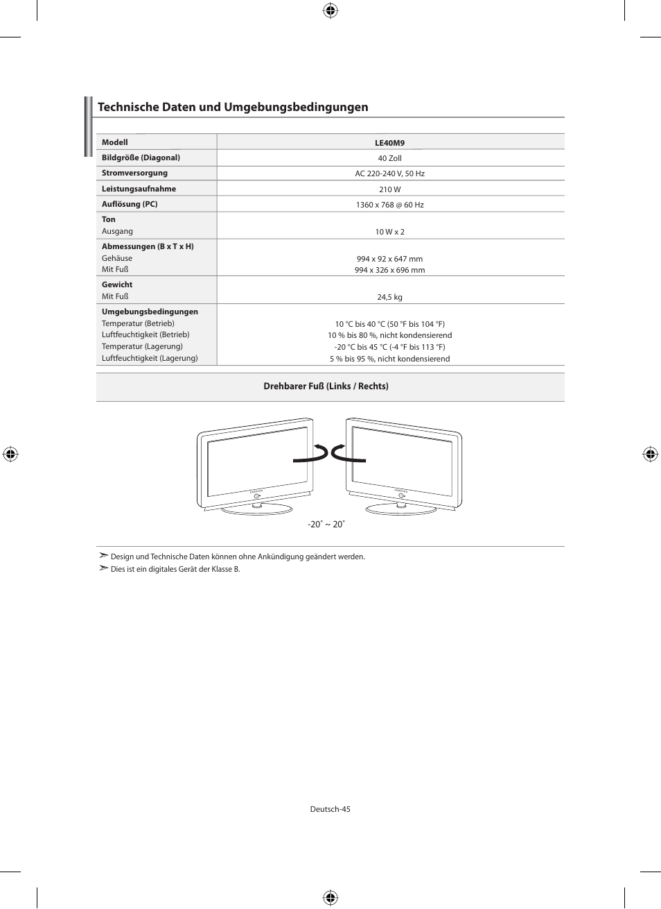 Technische daten und umgebungsbedingungen | Samsung LE40M91B User Manual | Page 137 / 320