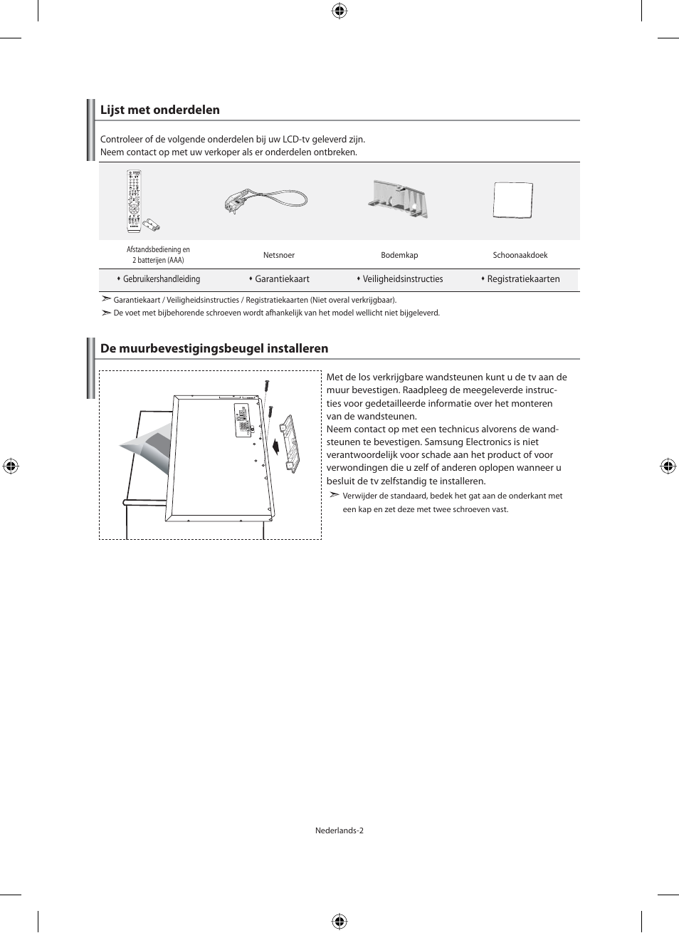 Lijst met onderdelen, De muurbevestigingsbeugel installeren | Samsung LE40M91B User Manual | Page 139 / 320