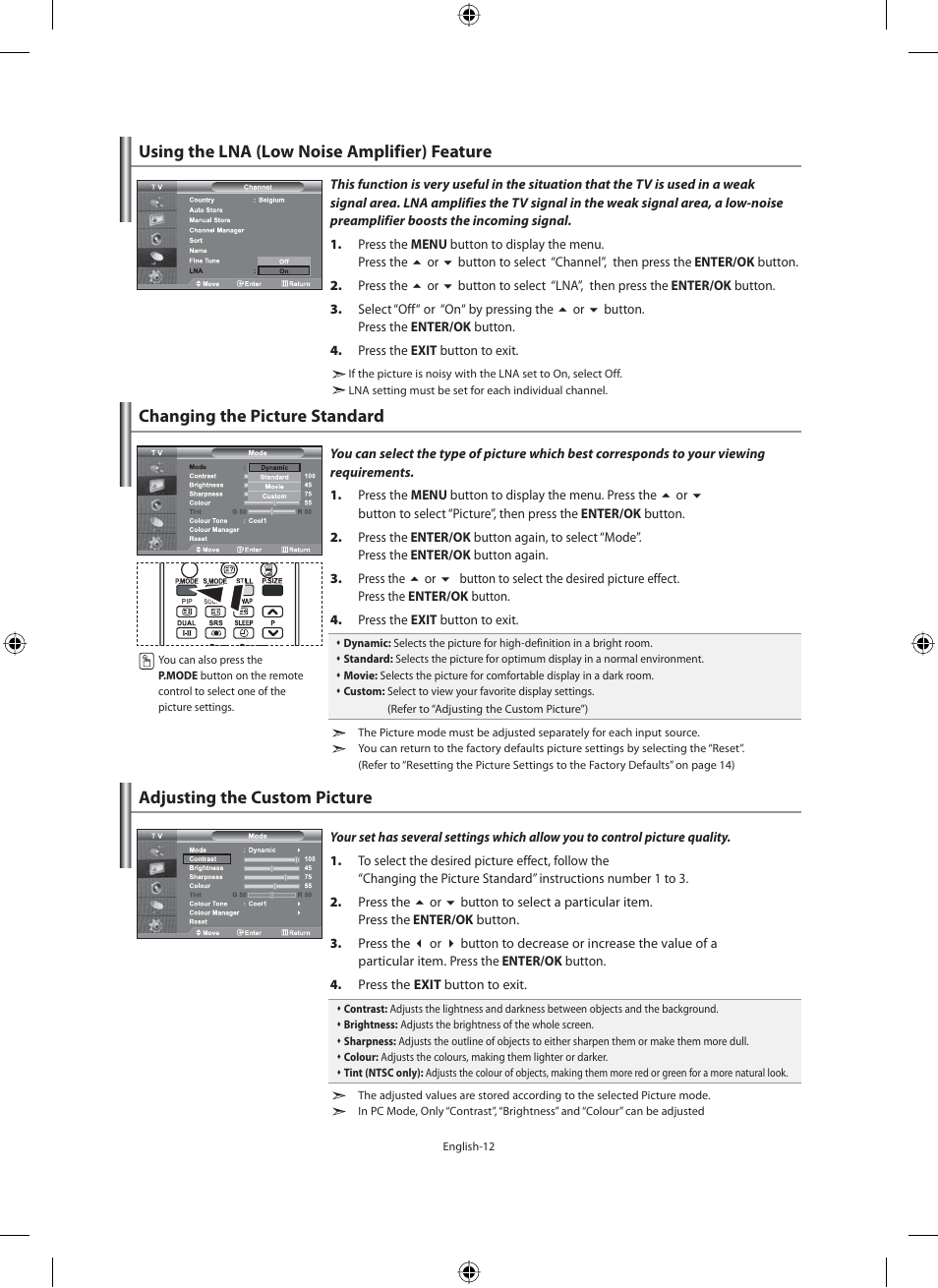 Using the lna (low noise amplifier) feature, Setting the picture, Changing the picture standard | Adjusting the custom picture | Samsung LE40M91B User Manual | Page 14 / 320