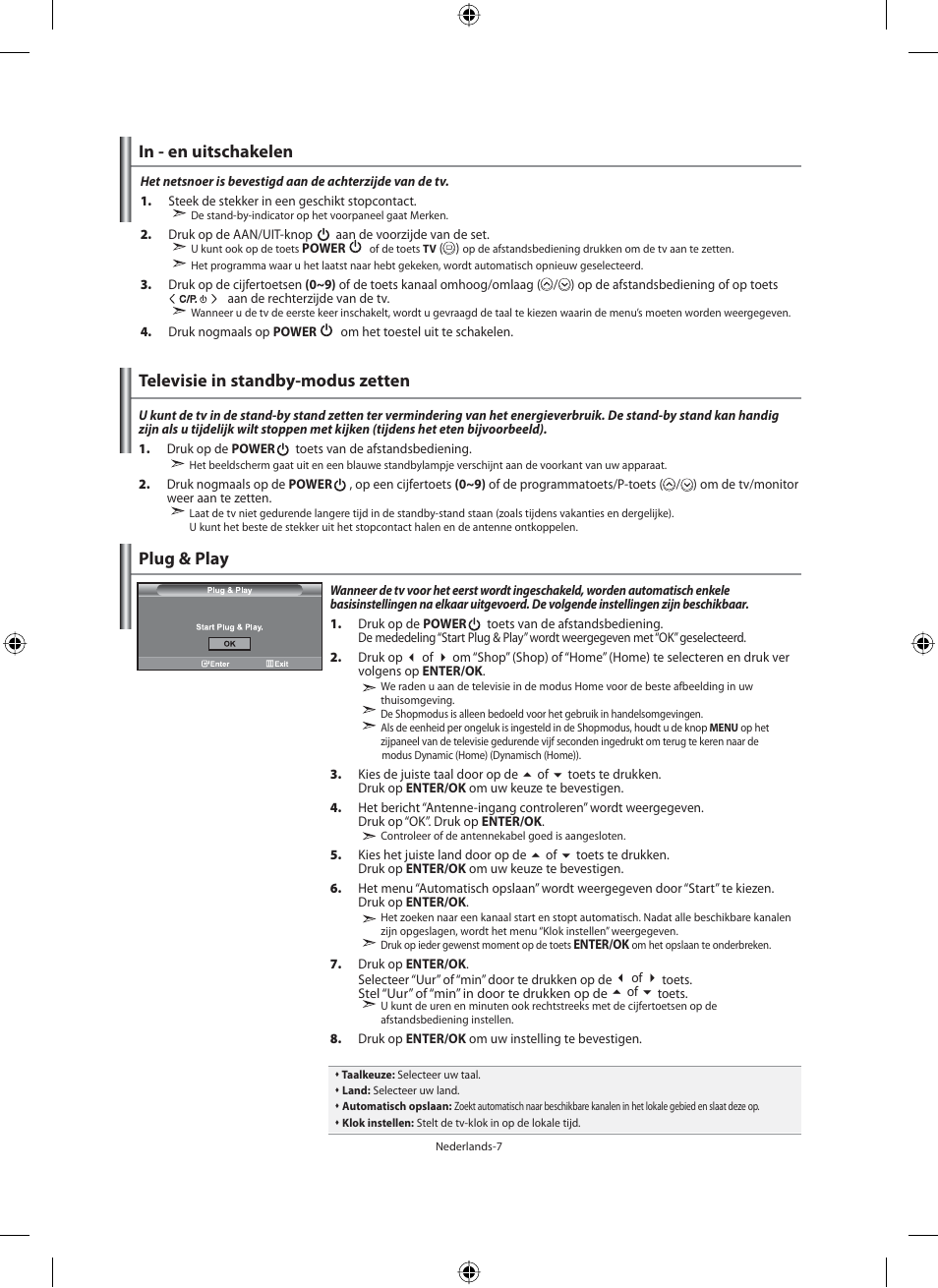 Televisie in standby-modus zetten, Plug & play | Samsung LE40M91B User Manual | Page 144 / 320