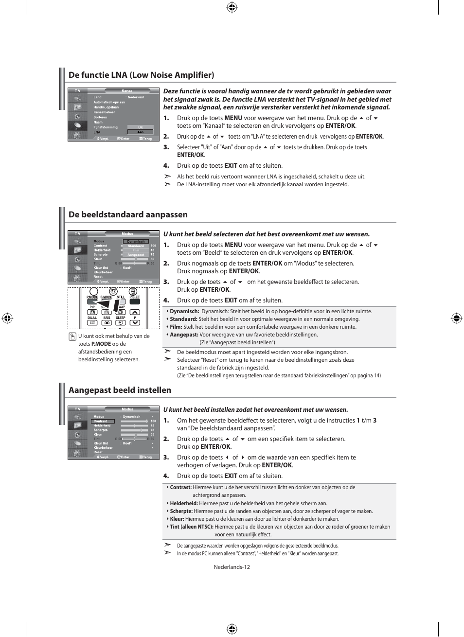 De beeldstandaard aanpassen, Aangepast beeld instellen, De functie lna (low noise amplifier) | Samsung LE40M91B User Manual | Page 149 / 320