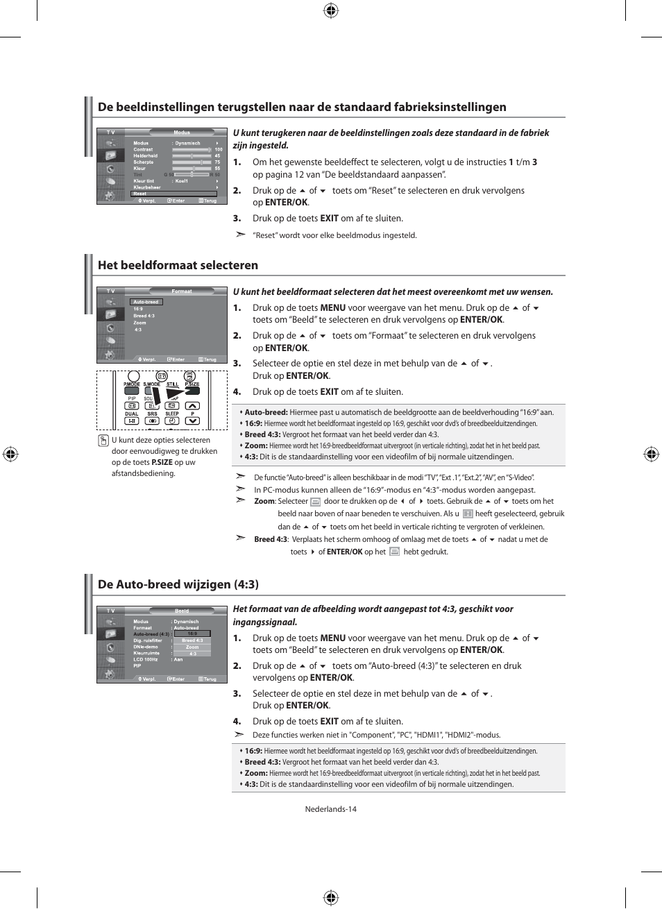 Het beeldformaat selecteren, De auto-breed wijzigen (4:3) | Samsung LE40M91B User Manual | Page 151 / 320