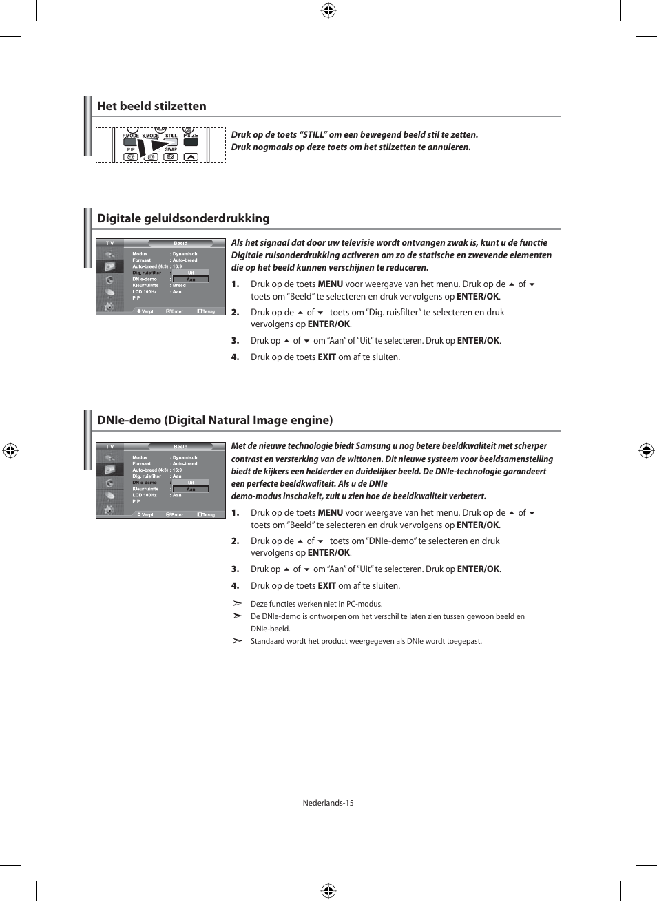Het beeld stilzetten, Digitale geluidsonderdrukking, Dnie-demo (digital natural image engine) | Samsung LE40M91B User Manual | Page 152 / 320