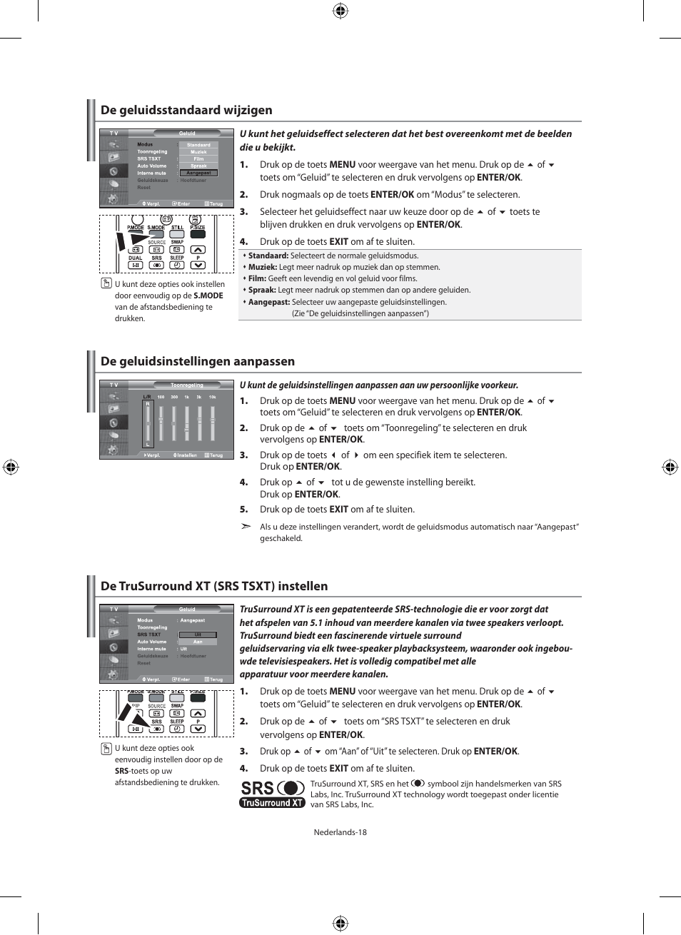 De geluidsstandaard wijzigen, De geluidsinstellingen aanpassen, De trusurround xt (srs tsxt) instellen | Samsung LE40M91B User Manual | Page 155 / 320