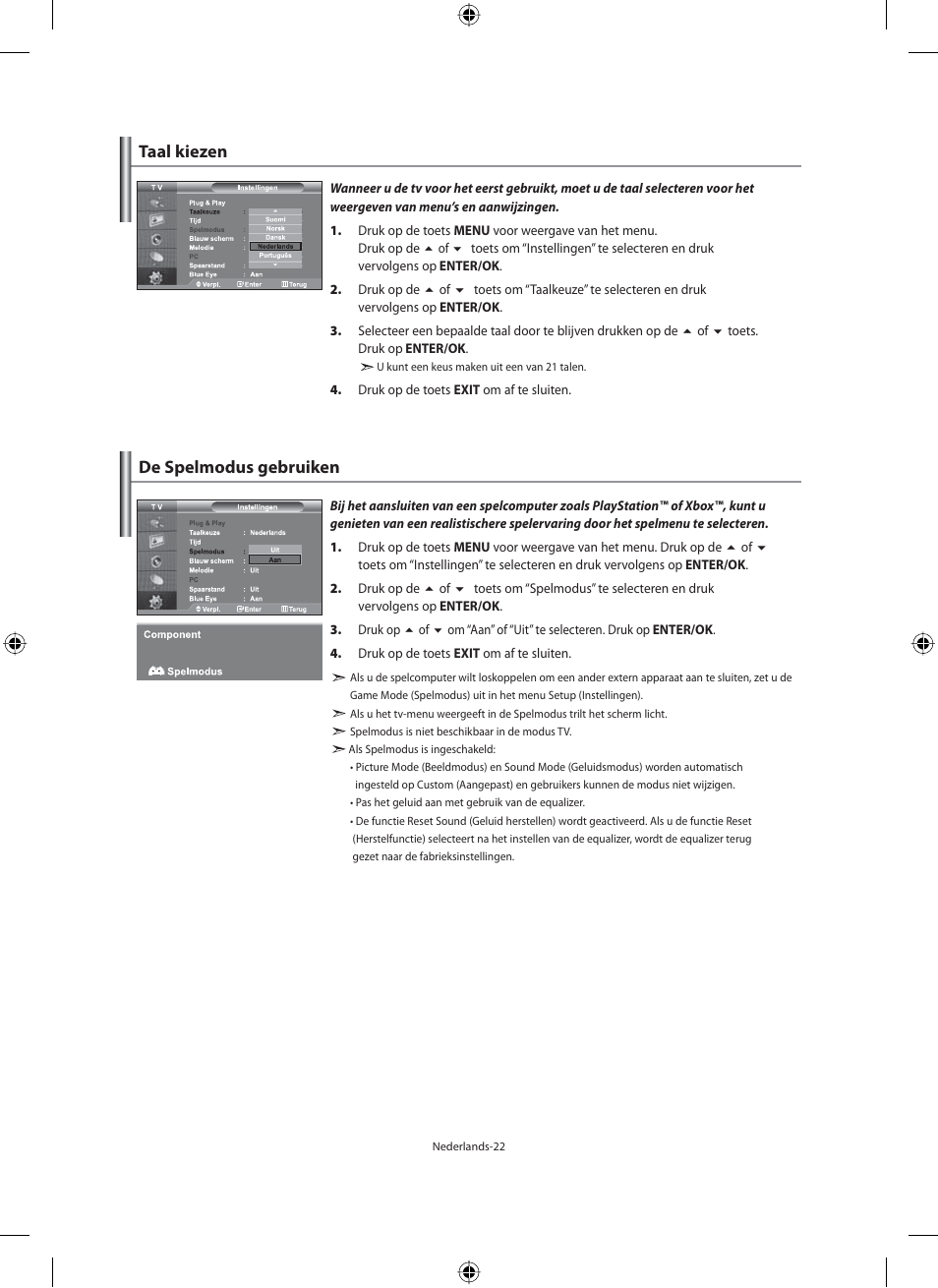 Taal kiezen, De spelmodus gebruiken | Samsung LE40M91B User Manual | Page 159 / 320