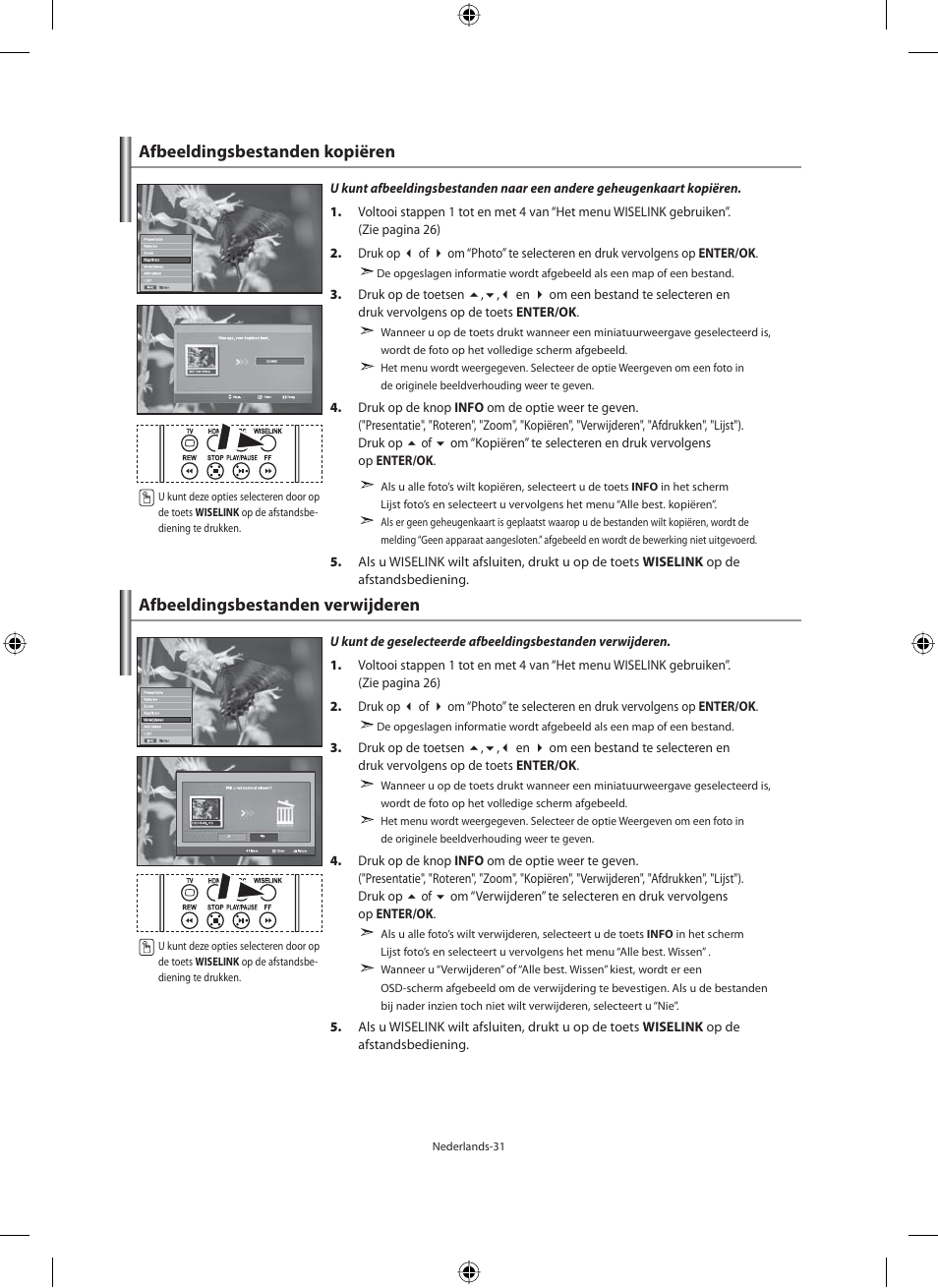 Afbeeldingsbestanden kopiëren, Afbeeldingsbestanden verwijderen | Samsung LE40M91B User Manual | Page 168 / 320