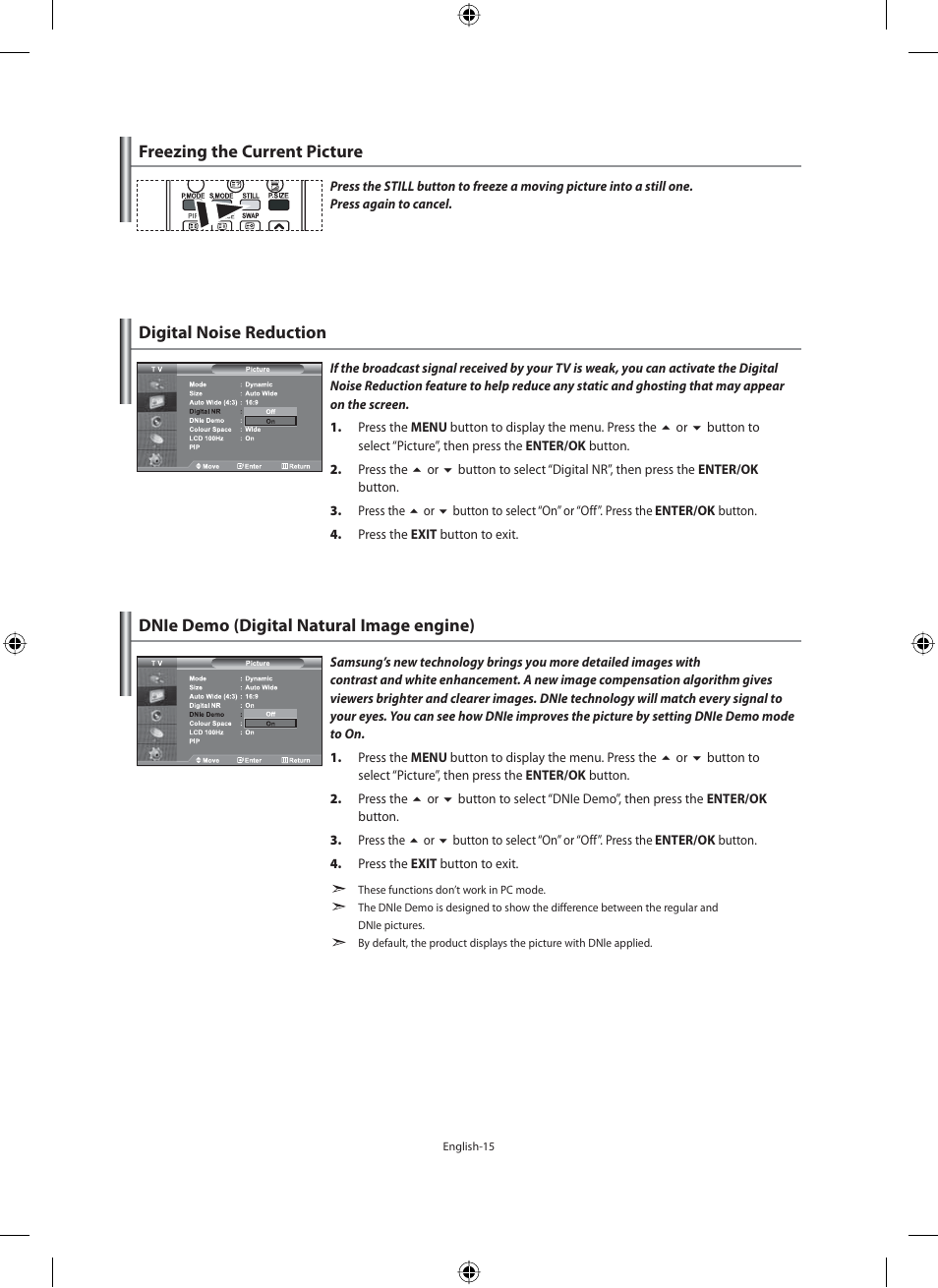 Freezing the current picture, Digital noise reduction, Dnie demo (digital natural image engine) | Samsung LE40M91B User Manual | Page 17 / 320