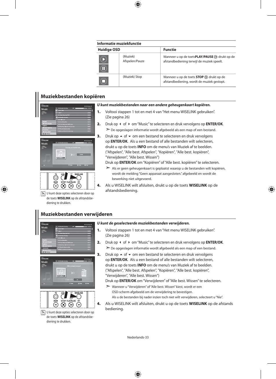 Muziekbestanden kopiëren, Muziekbestanden verwijderen | Samsung LE40M91B User Manual | Page 170 / 320