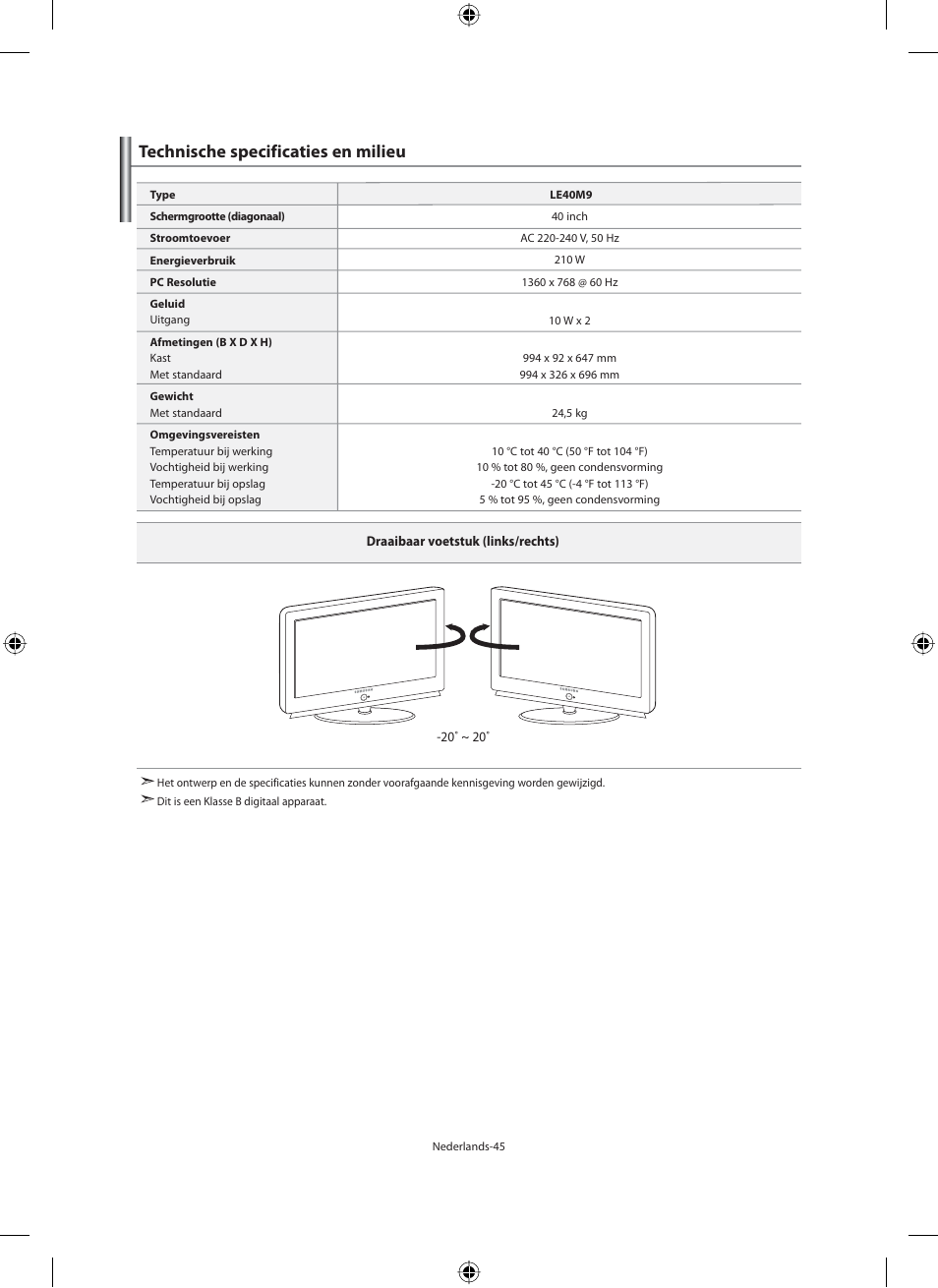 Technische specificaties en milieu | Samsung LE40M91B User Manual | Page 182 / 320