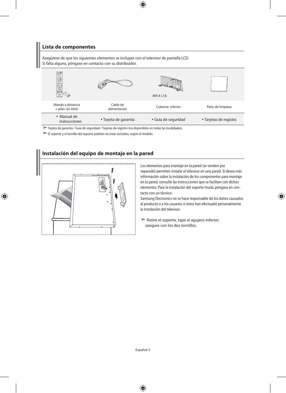 Lista de componentes, Instalación del equipo de montaje en la pared | Samsung LE40M91B User Manual | Page 184 / 320